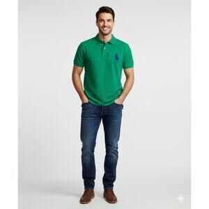 Polo Ralph Lauren Vintage Green Blue Big Pony Short Sleeve Custom Fit Polo XL